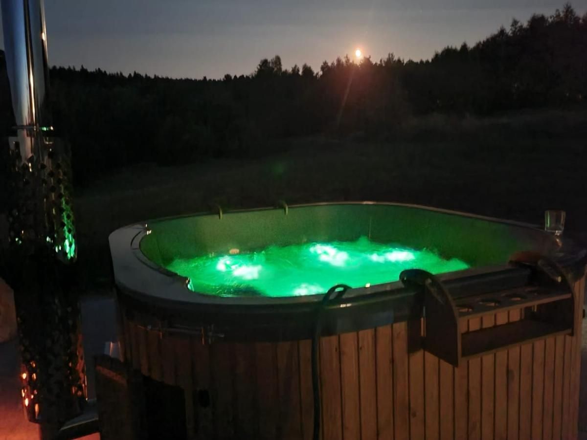 Podświetlona na zielono balia nocą, nad lasem świeci księżyc