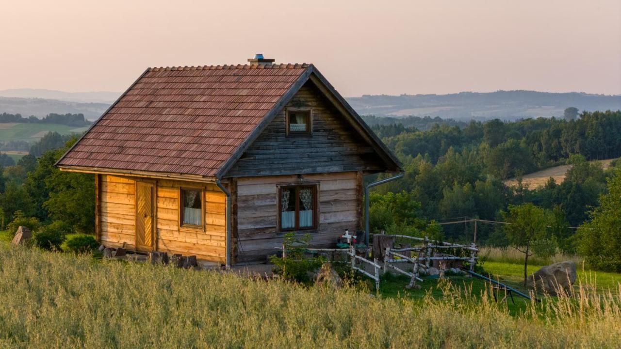 Chata w ciepłym świetle, przed nią wysoka trawa, w tle pagórki